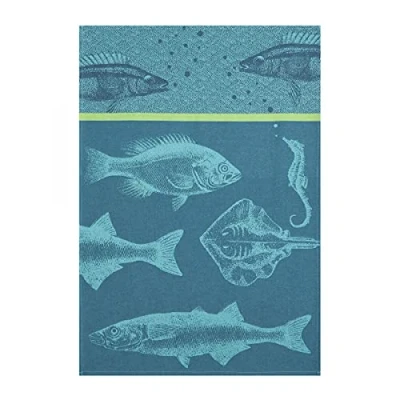 Image of Coucke French Cotton Jacquard Blue Fish Bench Towel 20&quot; x 30&quot; Turquoise