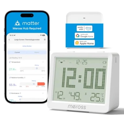 Image of Meross WiFi Hygrometer Indoor Thermometer, Smart LCD Digital Temperature Humidity Meter with App Notification, Sensor Compatible Matter, HomeKit, Alexa, Google, MSH450 Hub