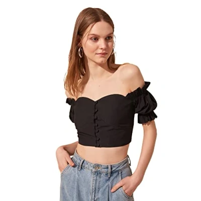 Image of Trendyol Women&#039;s Woman Regular Off shoulder Carmen Collar Woven Blouse Shirt, Black, 34 UK