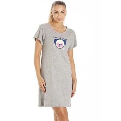 Image of Camille Womens Short Sleeved Pug &amp; Cat Nightdresses Ladies 100% Cotton Knee Length Nighties Comfortable Breathable Summer Nightwear Grey 12 14
