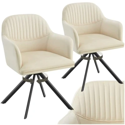 Image of TecTake® Set of 2 Velvet Dining Chairs with 360 Swivel Function, Thickly Padded Armchairs Stable Steel Legs, Non Slip Caps &amp; Quick Assembly Ideal Kitchen, Bedroom Desk Cream/Black