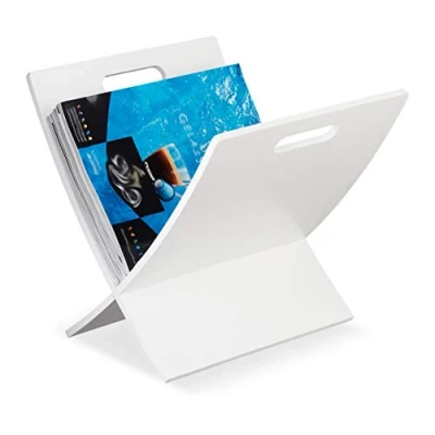 Image of Relaxdays Newspaper Stand, Magazine Holder, Letter, Document, Storage, Decor, Handle, Wood, HxWxD: 31 x 30 34cm, White, Fibreboard, 34 cm