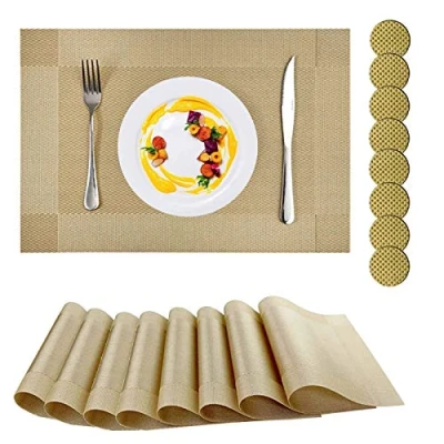 Image of Placemats, Placemats and Coaster Sets 8, PVC Heat resistant Table Mats Set Washable with 8 x Non slip + Round Coasters for Kitchen Dining (Set of Gold)