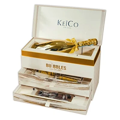 Image of Bottega Prosecco DOC 75cl KeiCo Luxe Gift Box Hamper with 2 Gold Champagne Flutes and Solid Chocolate Corkscrew Congratulations, Birthday Gifts For Women (Gold)