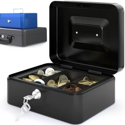 Image of ACROPAQ P0016 Lockable Cash Box with Coin Counting Board, Small 16 x 20 9 cm, Box, Money Suitable for Storage, Black