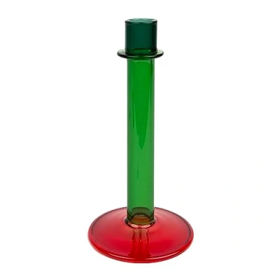 Image of Novelty Tall Glass Candlestick Holder Contemporary Christmas Table Decorations Ideal Xmas Gift Use as Home Décor, Stocking Filler, Secret Santa Size: 19cm Green &amp; Red