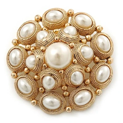 Image of Avalaya Bridal Vintage Inspired White Simulated Pearl &#039;Dome&#039; Brooch in Gold Plating 47mm Diameter