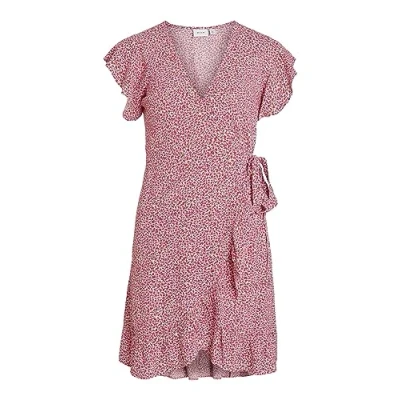 Image of Vila Women&#039;s Vifini Wrap S/S Short Dress Noos, Pink Yarrow/AOP:alini, 12
