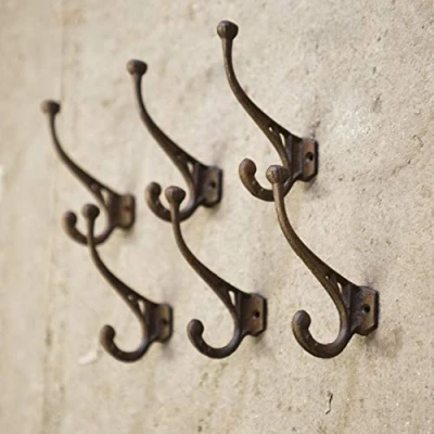Image of Garden Mile® Set of 6 Antique Hooks Rustic Brown Cast Iron Strong Metal Garage and Shed Storage Coat Tool Suitable for Outdoors