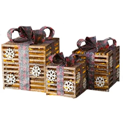 Image of Netagon Set of 3 Indoor Home Under Tree Decorations Light Up Illuminated LED Gift Boxes Box with Bow Detail (Glitter Red Tartan Design Ribbon)