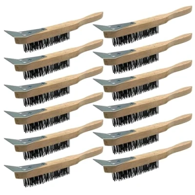 Image of Wooden Wire Brush Set Multipurpose Brushes for Cleaning with Metal Scraper and Easy to Grip Handle − Rust Remover Heavy Dirt Pack of 12