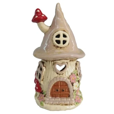 Image of Shudehill Giftware Village Pottery Tealight Holder Ceramic House Toadstool and Mushroom Collection Blue, Beige or Red (Beige)