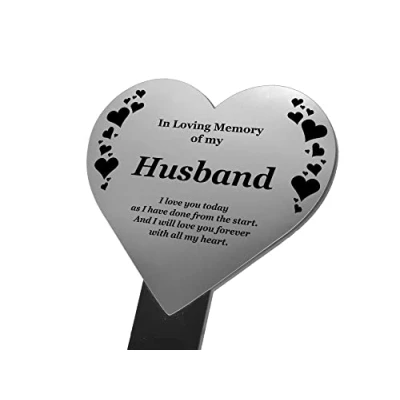 Image of Husband Memorial Remembrance Heart Shaped Plaque Silver and Black Acrylic Waterproof Outdoor Grave Marker Tribute Plant Create A Lasting