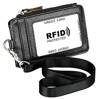 Image of RFID Blocking ID Badge Holder, Aileder 2 Sided Vertical Genuine Leather Credit Card Holder Wallet with 1 Window, 4 Slots, Side Zipper Pocket and Removable Neck Lanyard/Strap