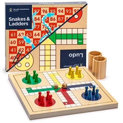 Image of Yellow Mountain Imports 2 in 1 Reversible Wooden Snakes and Ladders, Ludo Game Set 29 centimeters