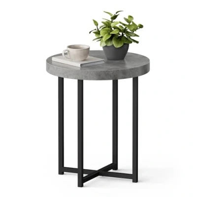 Image of VonHaus Grey Side Table Concrete Effect End Living Room w/Industrial Black Legs Round Small for Room, Dining Lounge &amp; Hallway Circular Bedside Bedroom
