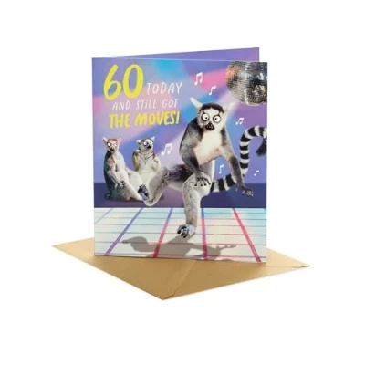 Image of UK Greetings 60th Birthday Card for Him/Her/Friend Funny Dancing Lemurs Design