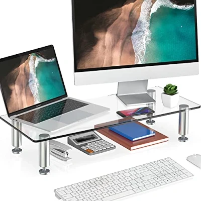 Image of FITUEYES Large Monitor Stand Glass Height Adjustable PC Laptop Computer Screen Riser, Home Office Supplies Desk Organizer 56x24cm
