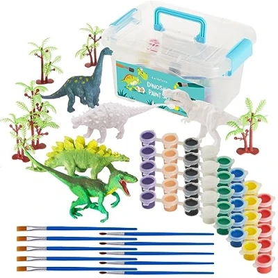 Image of THE TWIDDLERS 3D Dinosaur DIY Craft Kit with 5 Figurines, Complete Set Including Paint Sets, Brushes, and Tree Accessories, Kids Gift Activity