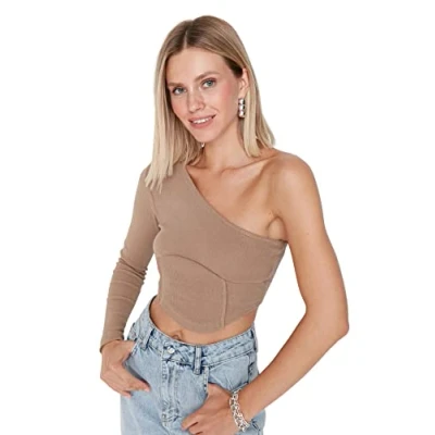 Image of Trendyol Women Regular Basic Boat Neck Knit Blouse Camel