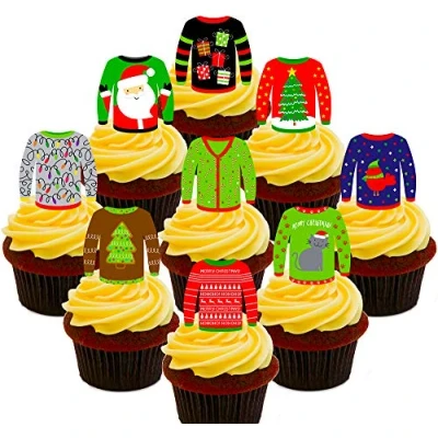 Image of Made4You Ugly Christmas Jumpers Party Pack Pre cut Edible Cupcake Toppers Stand up Wafer Cake Decorations (Pack of 36)