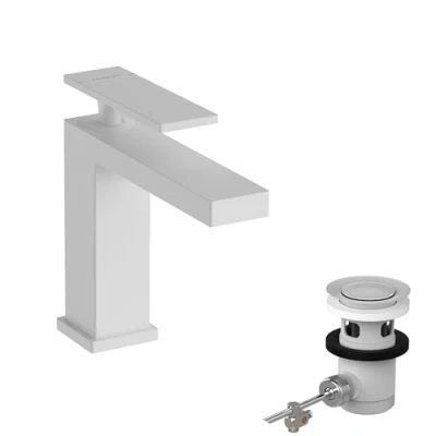 Image of hansgrohe Tecturis E bathroom tap with pop up waste set, sink spout height 110 mm, basin mixer water saving (EcoSmart+), matt white, 73010700