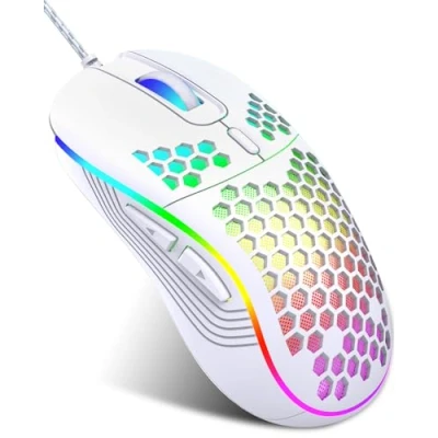Image of JYCSTE Wired gaming mouse, RGB backlighting and 7200 adjustable DPI, ergonomic lightweight USB computer mouse with high precision sensor for Windows PC &amp; laptop (White)