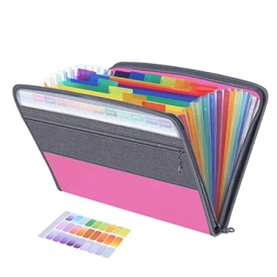 Image of Fun File Organiser,13 Pockets Folder Document Organiser Box Files and Folders for Paperwork A4,Rainbow Expanding Concertina Filing Folder,Plastic Paper Receipt Storage Organisers Boxes with Tabs,Pink