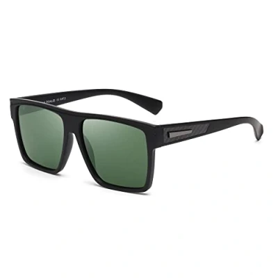 Image of JIM HALO Retro Polarized Sunglasses Men Women Flat Top Square Driving Glasses (Matte Black Frame/Polarized Green Lens)