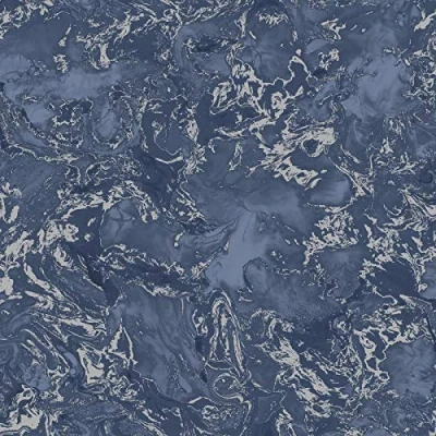 Image of Liquid Marble Effect Navy Blue Silver Wallpaper Elixir Metallica Modern