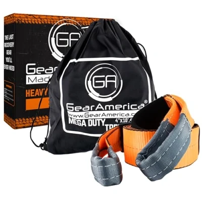 Image of GearAmerica Mega Tree Saver Winch Strap 4&quot;x10&#039; Ultra Heavy Duty 45000 lbs (22.5 US Tons) Strength Triple Reinforced Loops + Protective Sleeves Emergency Truck Towing Free Storage Bag