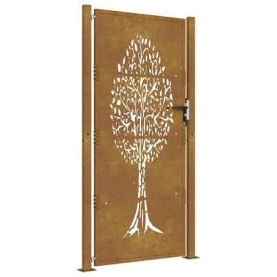 Image of vidaXL Garden Gate with Laser Cut Tree Design 105x180 cm Rustic Brown, Corten Steel Construction, Lockable Door for Secure Entry, Heavy Duty and Weather Resistant