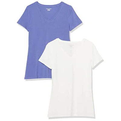Image of Amazon Essentials Women&#039;s Classic Fit Short Sleeve V Neck T Shirt, Pack of 2, Purple Blue/White, XXL