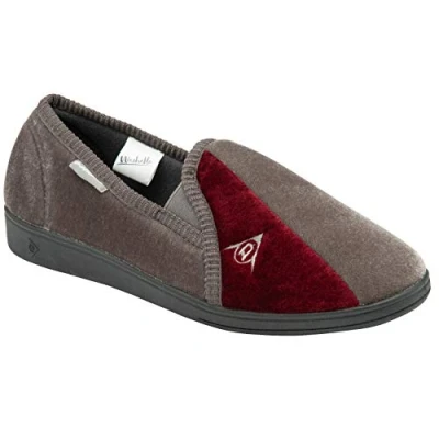 Image of DUNLOP Duncan Mens Velour Twin Gusset Slippers (10, Grey Burgundy, numeric_10)