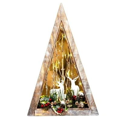 Image of SHATCHI Wooden Christmas Reindeer Scene Tabletop Centrepiece Frame Battery Operated with Micro Rice LEDs and Festive Room Wall Table Home Xmas Decorative Gift, Wood, Triangle 57cm
