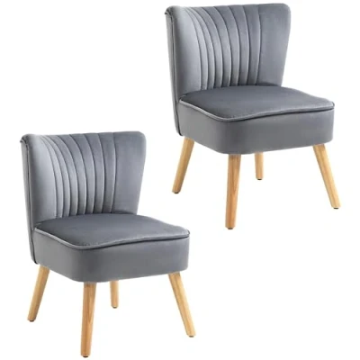 Image of HOMCOM Velvet Accent Chair Occasional Tub Seat Padding Curved Back with Wood Frame Legs Home Furniture Set of 2 Grey