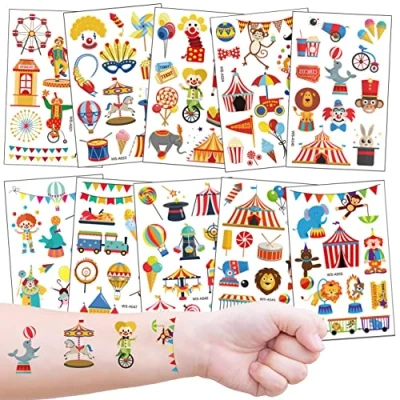 Image of Kids Circus Tattoos10 Sheets, 100+ Colorful Fake Tattoos for Boys Girls Party Favors Gift
