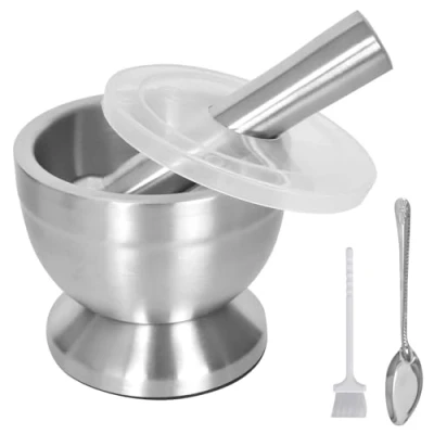 Image of KYSUN Stainless Steel Mortar Bowl and Pestle, Pestle Sets, Pill Crusher with lid/brush/spoon, Herb Pesto Spice Crusher, Set, Food Grinder for Herbs Pills Spices