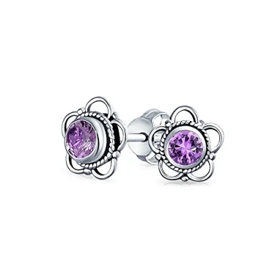 Image of Bali Style Tiny Round Open Flower Gemstone Amethyst Stud Earrings For Women .925 Sterling Silver February Birthstone
