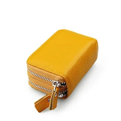 Image of AprinCtempsD RFID Blocking Women&#039;s Credit Card Holder Genuine Leather Ladies Small Coin Purse Men&#039;s Mini Wallet with Double Zipper (Yellow)