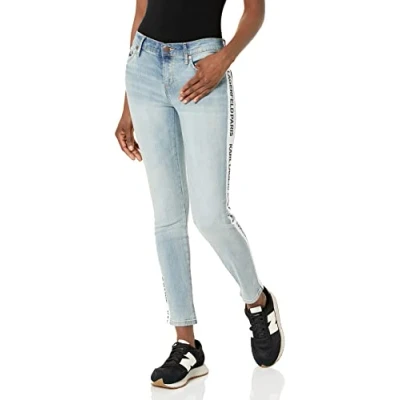 Image of KARL LAGERFELD Women&#039;s Skinny Logo Taping Mid Rise Jean, Indigo Haze Wash, 10