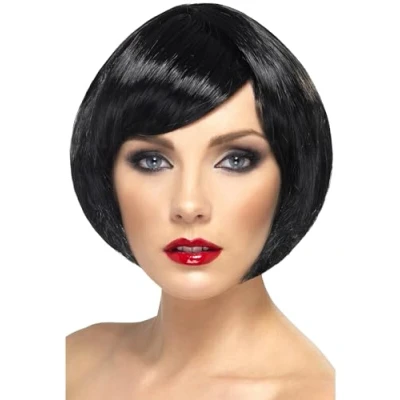 Image of Smiffys Babe Wig, Black Short Bob with Fringe, Ladies Glamour Wigs Fancy Dress, Adult Dress Up