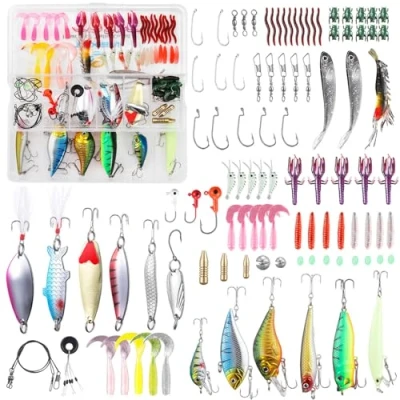 Image of TUXIBIN 101Pcs Set Fishing Lure Kits Mixed Universal Multifunction Assorted with Tackle Box Including Spinners, Worm, Spoons, Hard Lure, Sinking Lures, ect YE101p