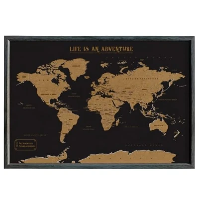 Image of Splosh Travel Map XL Desk World Pin Board in Black, Wooden Frame. Cork with 100 Pins 2 Colours to Mark Your Past and Future Adventures Framed Maps for Desks.