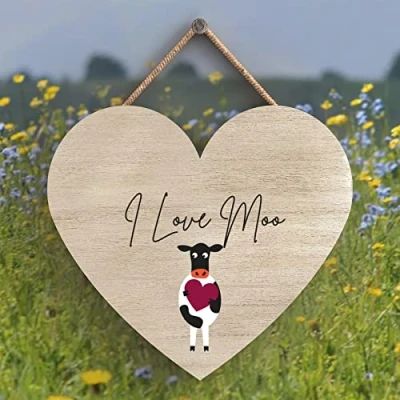 Image of Global Designs Cow I Love Moo Cute Animal Theme Wooden Hanging Plaque