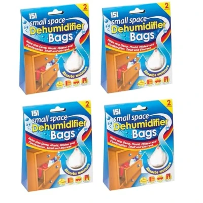 Image of 2 Pack Small Space Dehumidifier Bags 4 Sachets Helps Damp Mould Mildew Condensation Wardrobe Caravan Drawers Cars (4)