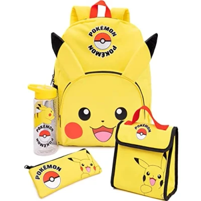 Image of Pokemon Backpack For Kids Pikachu Merchandise Girls Boys Pokeball 3D Ears School Rucksack, Pencil Case, Water Bottle