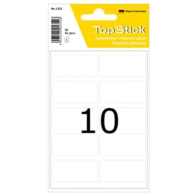 Image of TopStick 1352 Multi Purpose Labels, 10 Labels Per Sheet, 19 x 40 mm, 50 Self Adhesive, Stickers for Hand Labelling, White