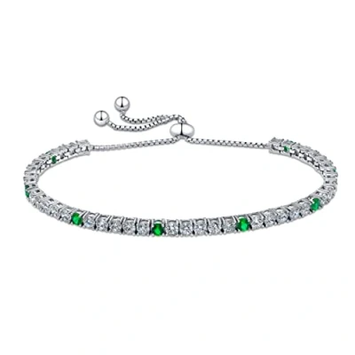 Image of Amberta Lumini Women 925 Sterling Silver 3 mm Cubic Zirconia Tennis Bracelet with Slider: Simulated Emerald CZ