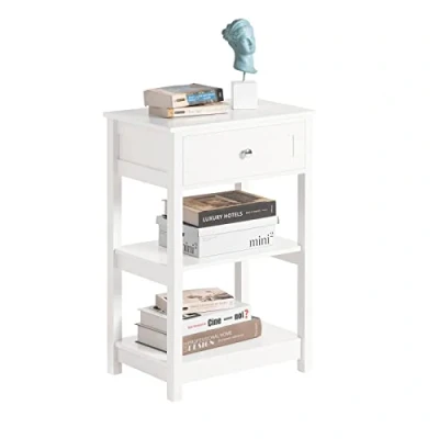 Image of SoBuy FBT46 W, Side Table End Coffee Lamp Bedside Night Stand with 1 Drawer and 2 Shelves, White